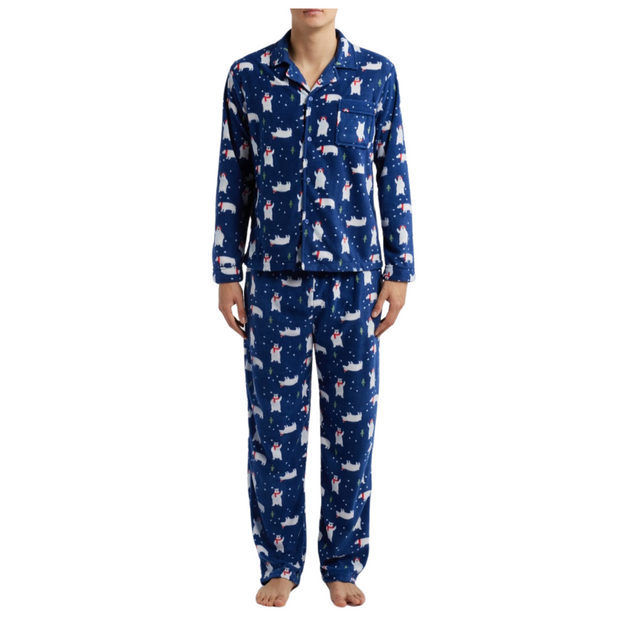 SLEEPHERO Traditional Fleece Long Sleeve Button Down Shirt with Fleece Pajama Pants with Pockets