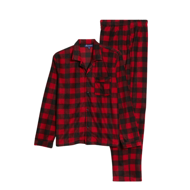 SLEEPHERO Traditional Fleece Long Sleeve Button Down Shirt with Fleece Pajama Pants with Pockets