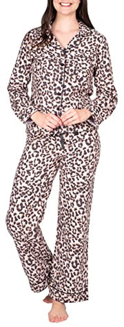 Women's Flannel Pajama Set Long Sleeve Pajamas for Women Button Up Pajamas for Women Notch Collar Set Leopard