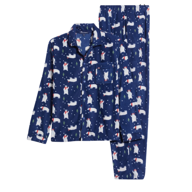 SLEEPHERO Traditional Fleece Long Sleeve Button Down Shirt with Fleece Pajama Pants with Pockets