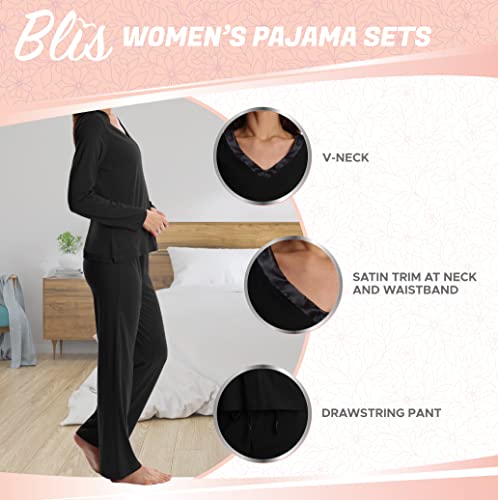 Blis Womens Pajama Sets Satin Trim Long Sleeve Pajama Set for Women Soft PJ Set with Matching Pant Set Black